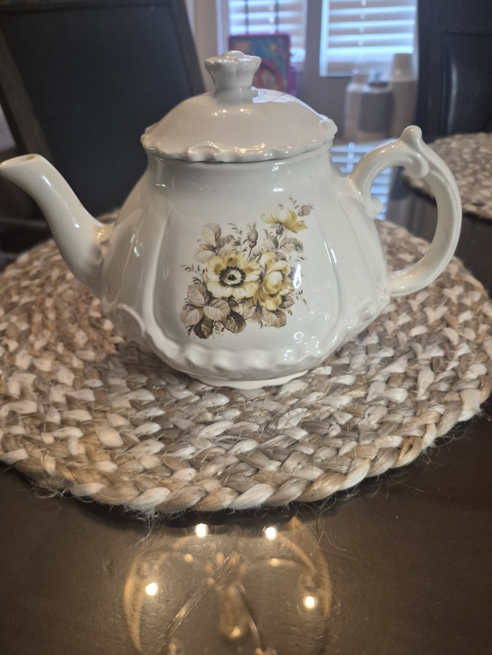 Vintage Floral Ceramic Teapot in Cream with Yellow Flowers